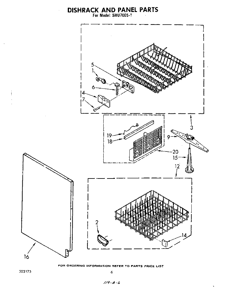 DISHRACK AND PANEL Diagram and Parts List for SHU70051  Whirlpool Dishwasher
