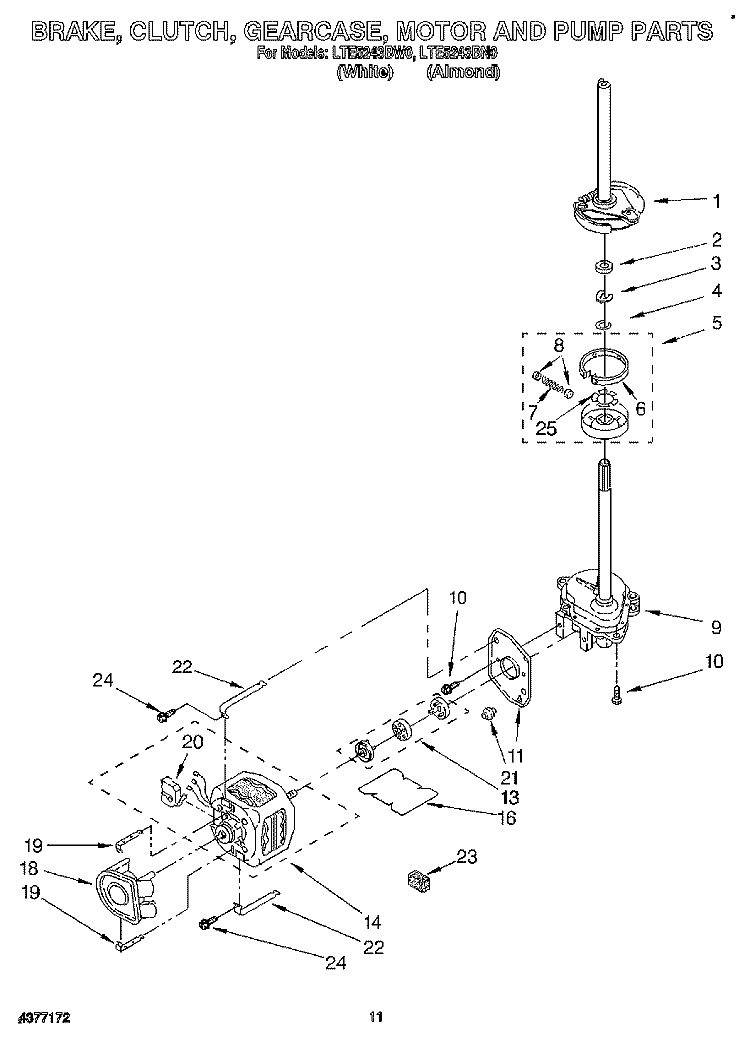 BRAKE, CLUTCH, GEARCASE, MOTOR AND PUMP Diagram and Parts List for LTE5243BN0  Whirlpool Washer Dryer Combo