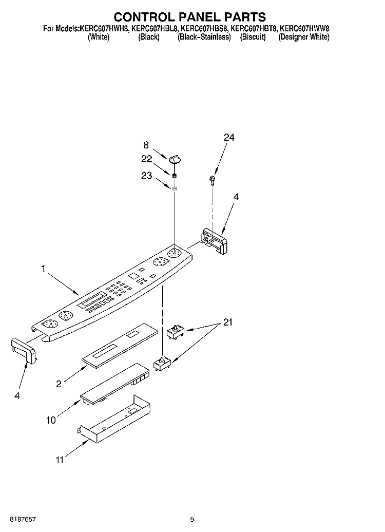 CONTROL PANEL Diagram and Parts List for KERC607HBL8  KitchenAid Range