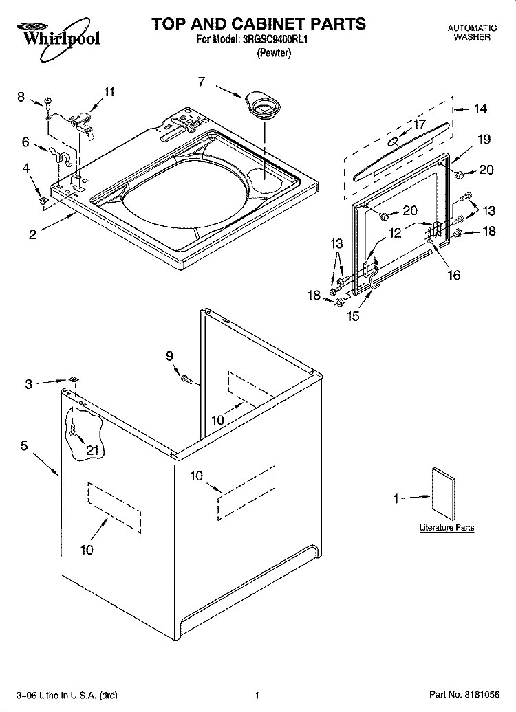 TOP AND CABINET PARTS Diagram and Parts List for 3RGSC9400RL1  Whirlpool Washer