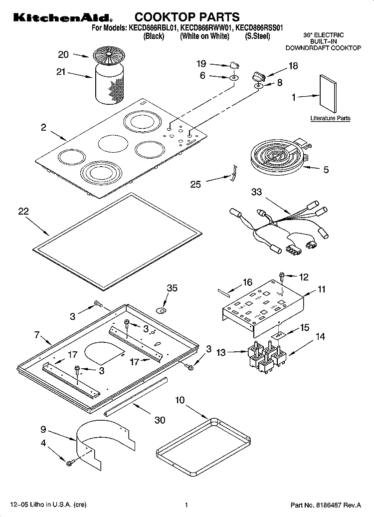 COOKTOP PARTS Diagram and Parts List for KECD866RSS01  KitchenAid Cooktop