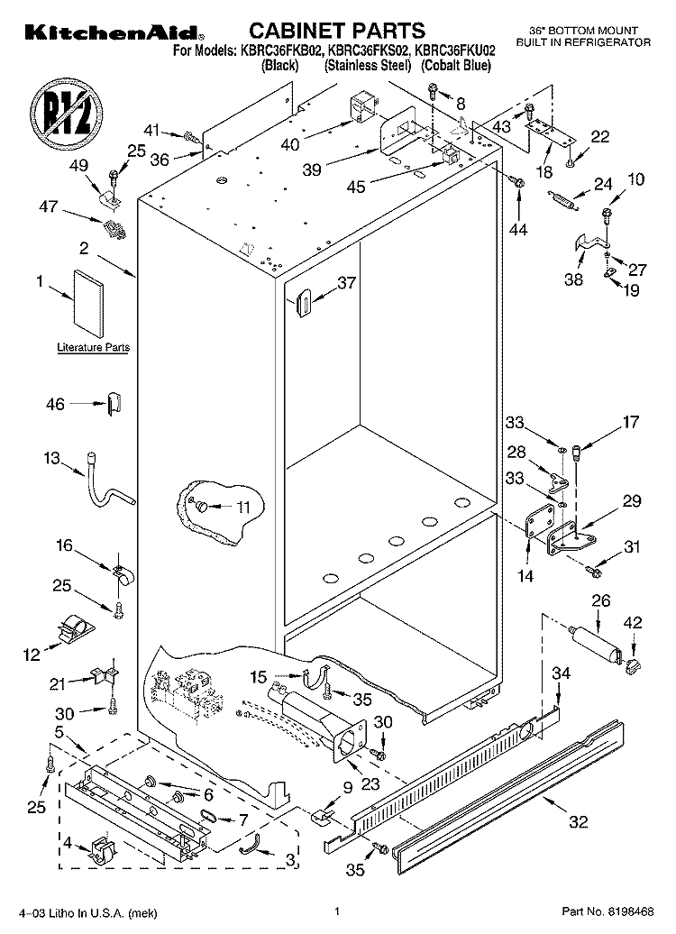CABINET PARTS Diagram and Parts List for KBRC36FKS02  KitchenAid Refrigerator