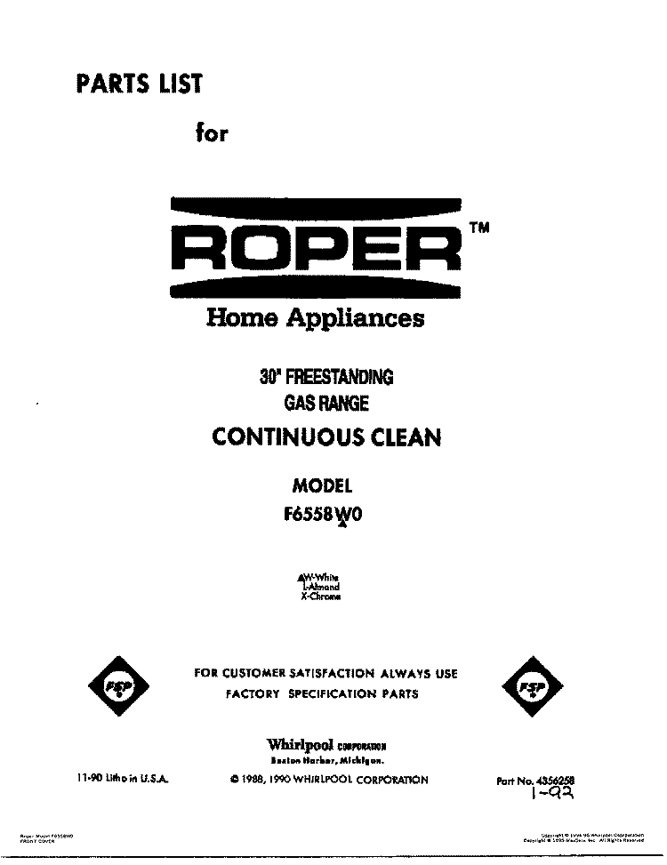 COVER Diagram and Parts List for F6558W0  Roper Range
