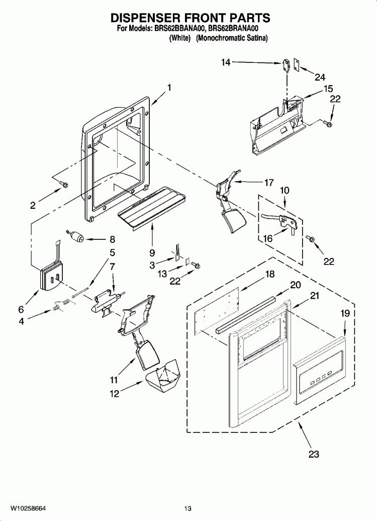 DISPENSER FRONT PARTS Diagram and Parts List for BRS62BRANA00  Whirlpool Refrigerator