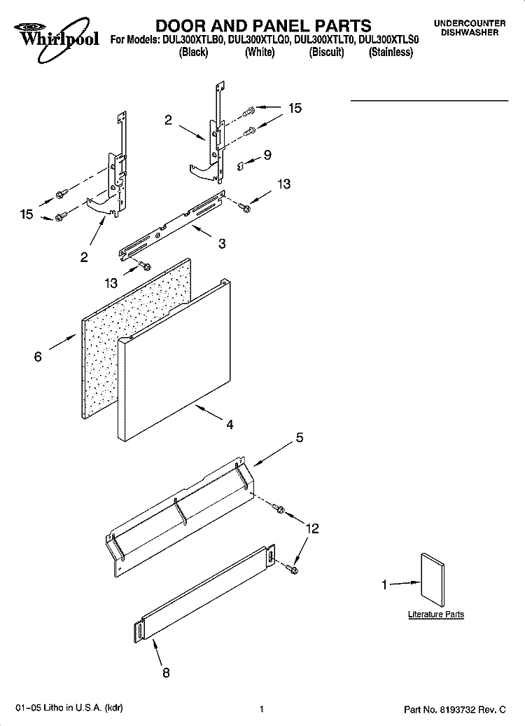 DOOR AND PANEL PARTS Diagram and Parts List for DUL300XTLB0  Whirlpool Dishwasher