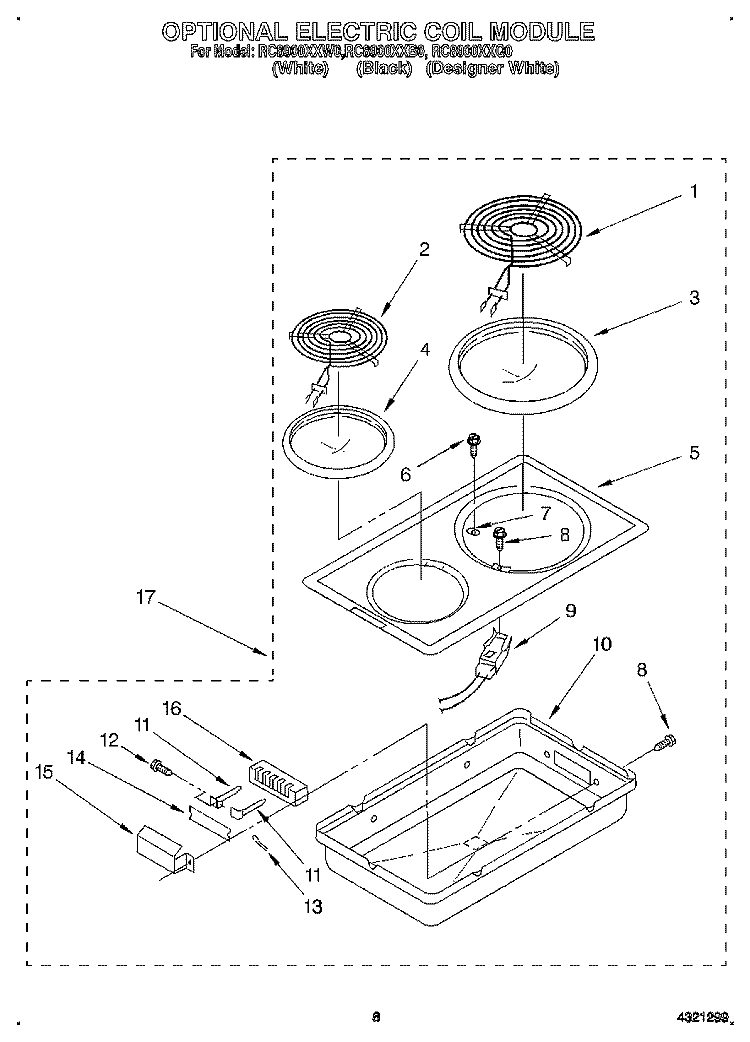 OPTIONAL ELECTRIC COIL MODULE Diagram and Parts List for RC8900XXW0  Whirlpool Cooktop