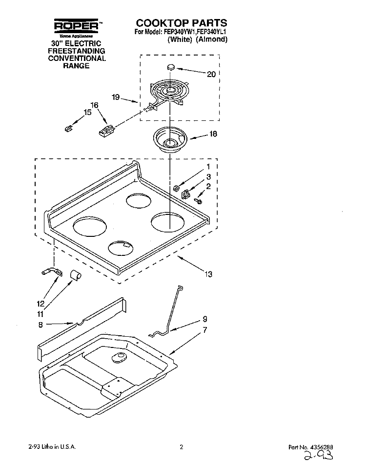 COOKTOP Diagram and Parts List for FEP340YW1  Roper Range
