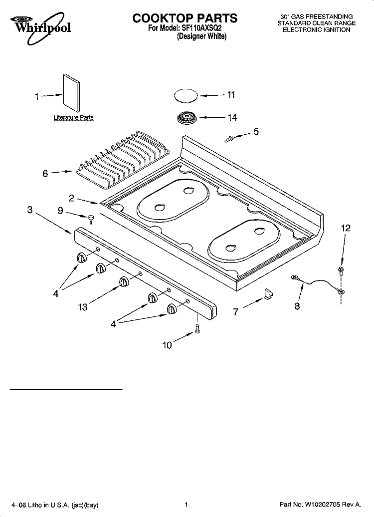 COOKTOP PARTS Diagram and Parts List for SF110AXSQ2  Whirlpool Range