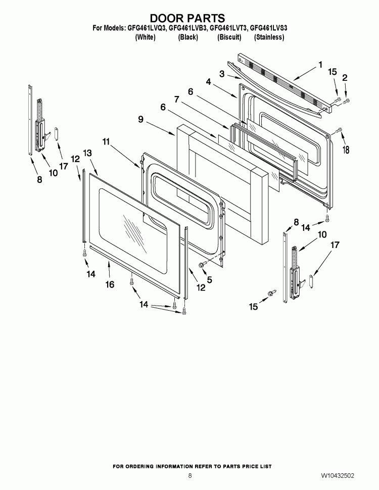 DOOR PARTS Diagram and Parts List for GFG461LVS3  Whirlpool Range