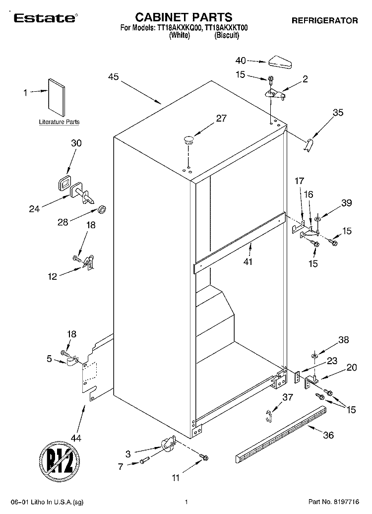 CABINET, LITERATURE Diagram and Parts List for TT18AKXKT00  Estate Refrigerator