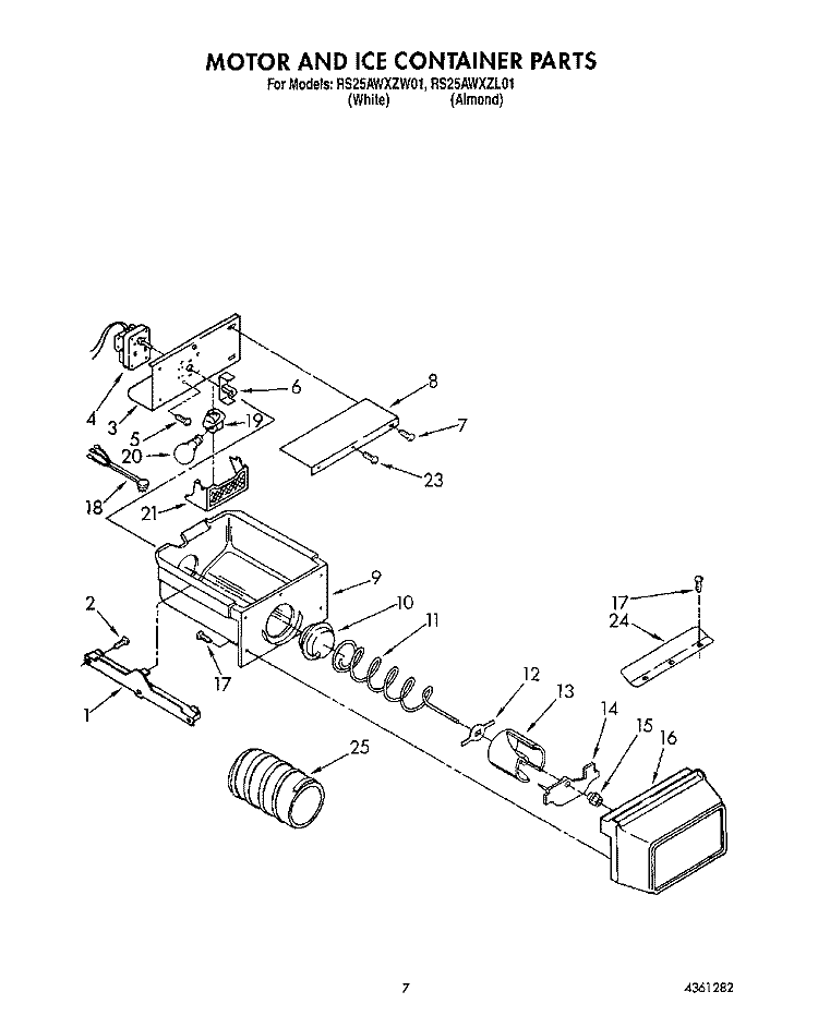 MOTOR AND ICE CONTAINER Diagram and Parts List for RS25AWXZW01  Whirlpool Refrigerator