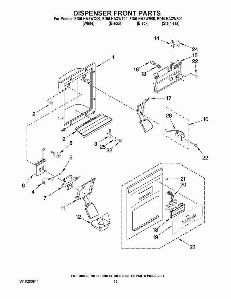 DISPENSER FRONT PARTS Diagram and Parts List for ED5LHAXWB00  Whirlpool Refrigerator