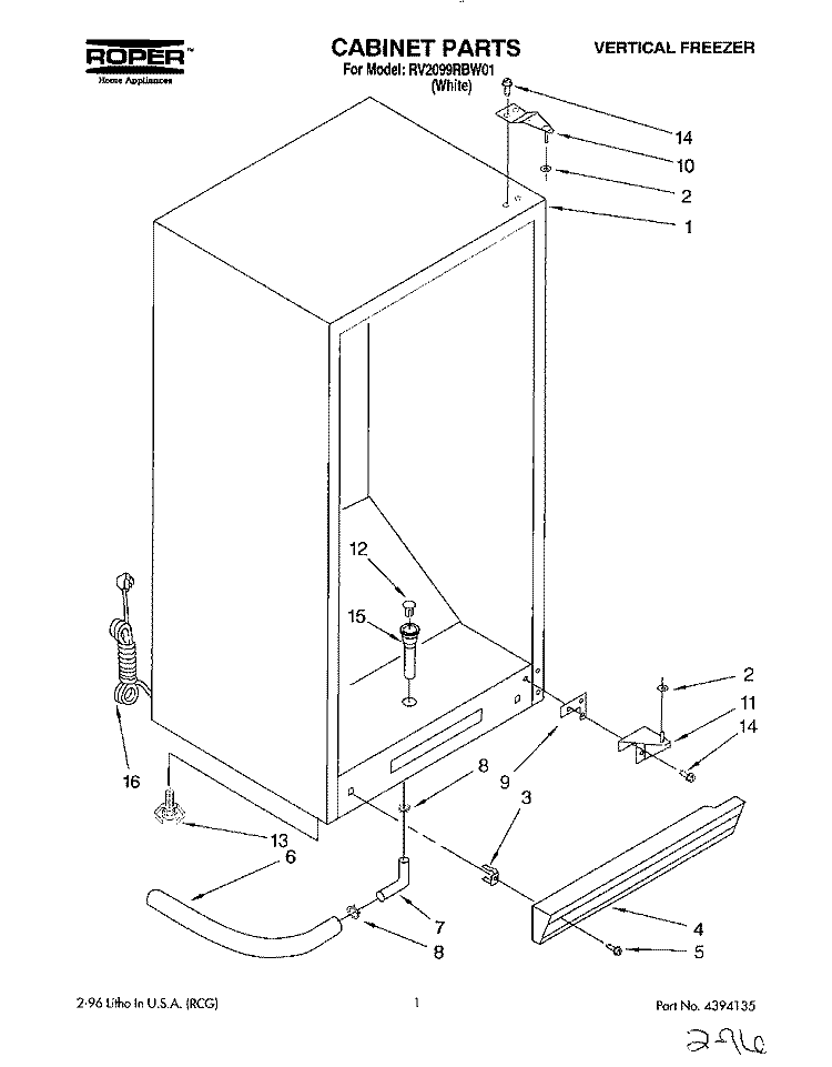 CABINET Diagram and Parts List for RV2099RBW01  Roper Freezer