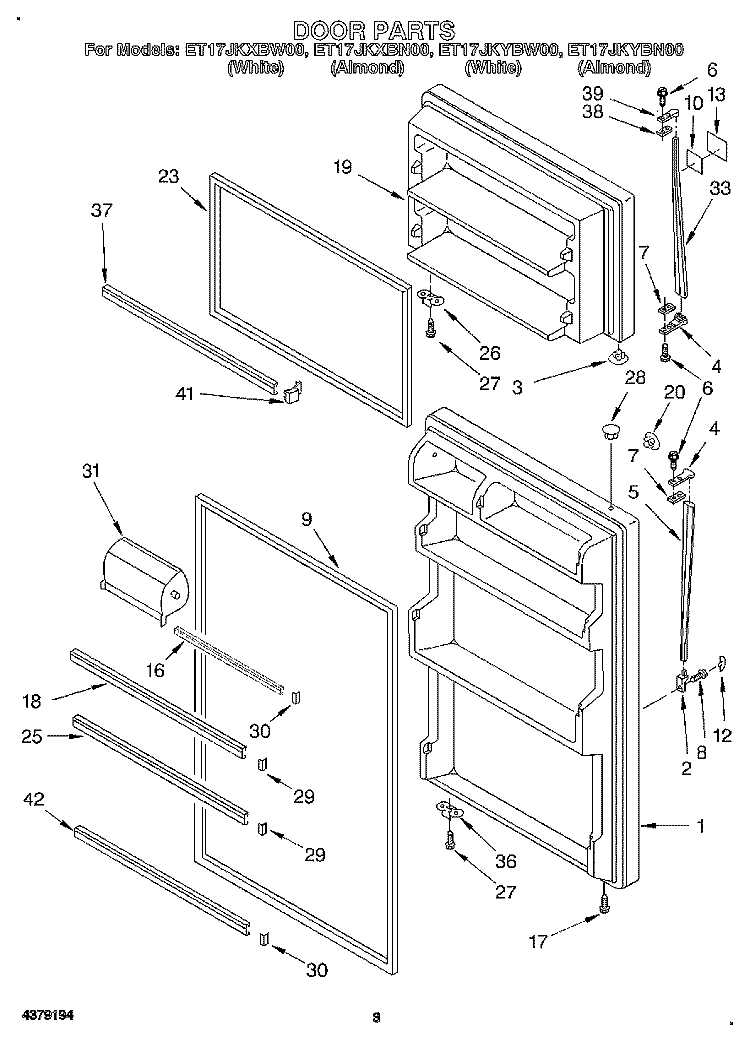 DOOR Diagram and Parts List for ET17JKYBN00  Whirlpool Refrigerator