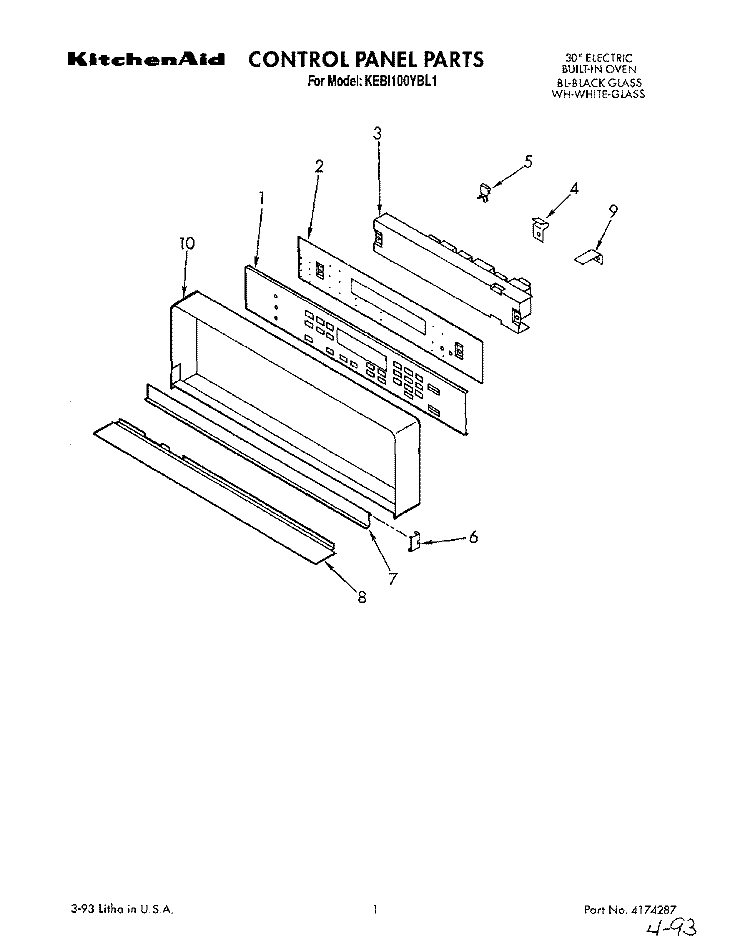 CONTROL PANEL Diagram and Parts List for KEBI100YBL1  KitchenAid Wall Oven