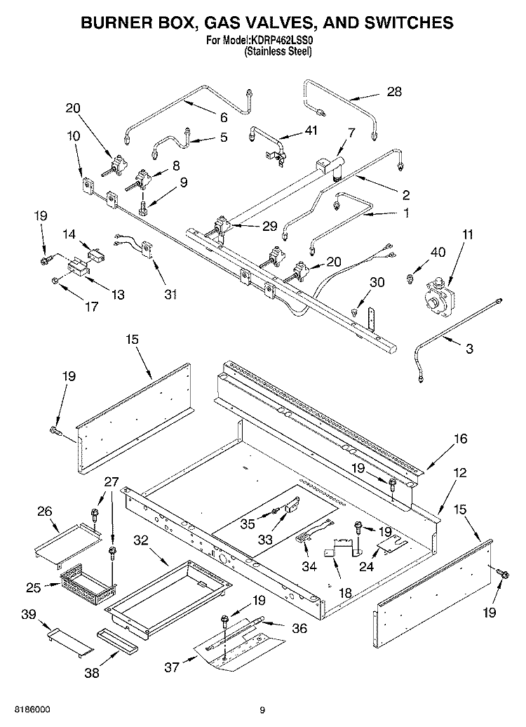 BURNER BOX, GAS VALVE AND SWITCHES Diagram and Parts List for KDRP462LSS0  KitchenAid Range