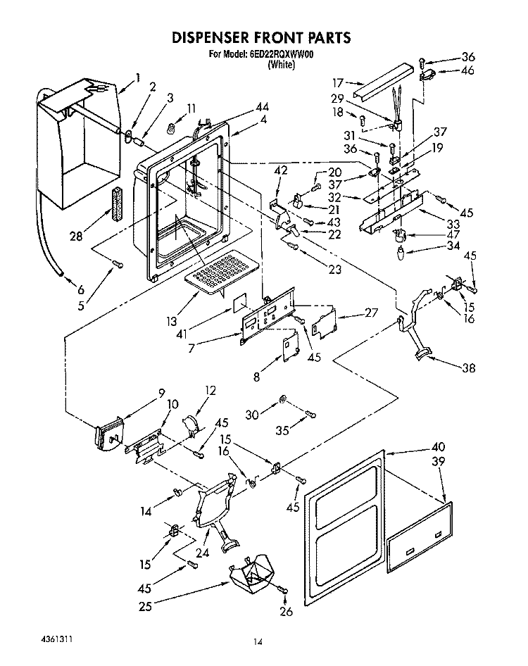 DISPENSER FRONT Diagram and Parts List for 6ED22RQXWW00  Whirlpool Refrigerator