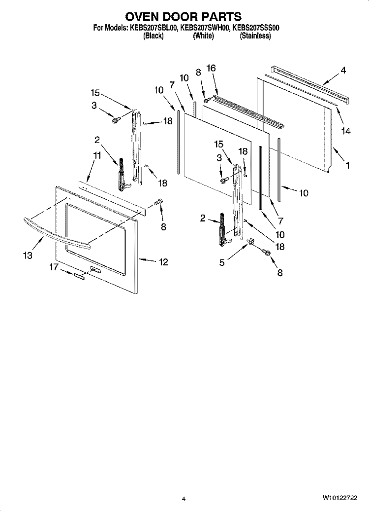 OVEN DOOR PARTS Diagram and Parts List for KEBS207SWH00  KitchenAid Wall Oven