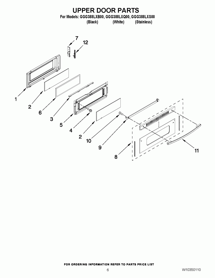 UPPER DOOR PARTS Diagram and Parts List for GGG388LXQ00  Whirlpool Range