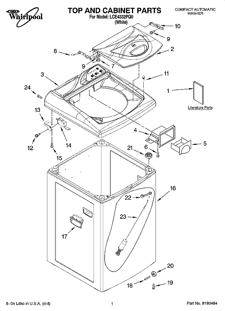 TOP AND CABINET PARTS Diagram and Parts List for LCE4332PQ0  Whirlpool Washer