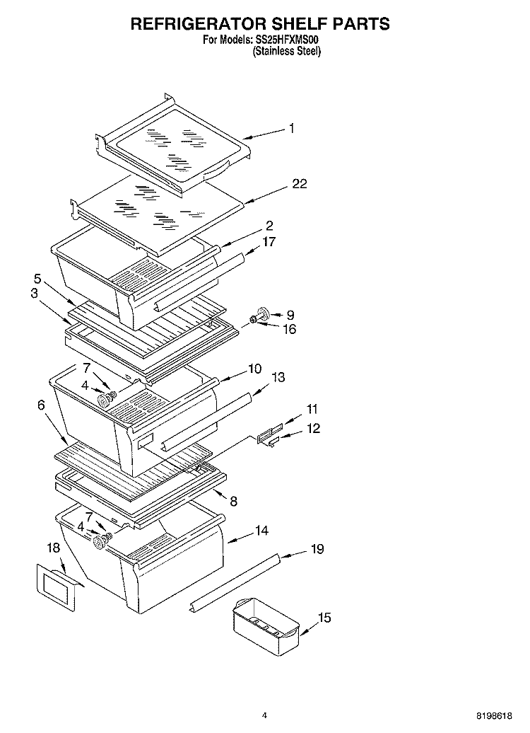 REFRIGERATOR SHELF PARTS Diagram and Parts List for SS25HFXMS00  Whirlpool Refrigerator