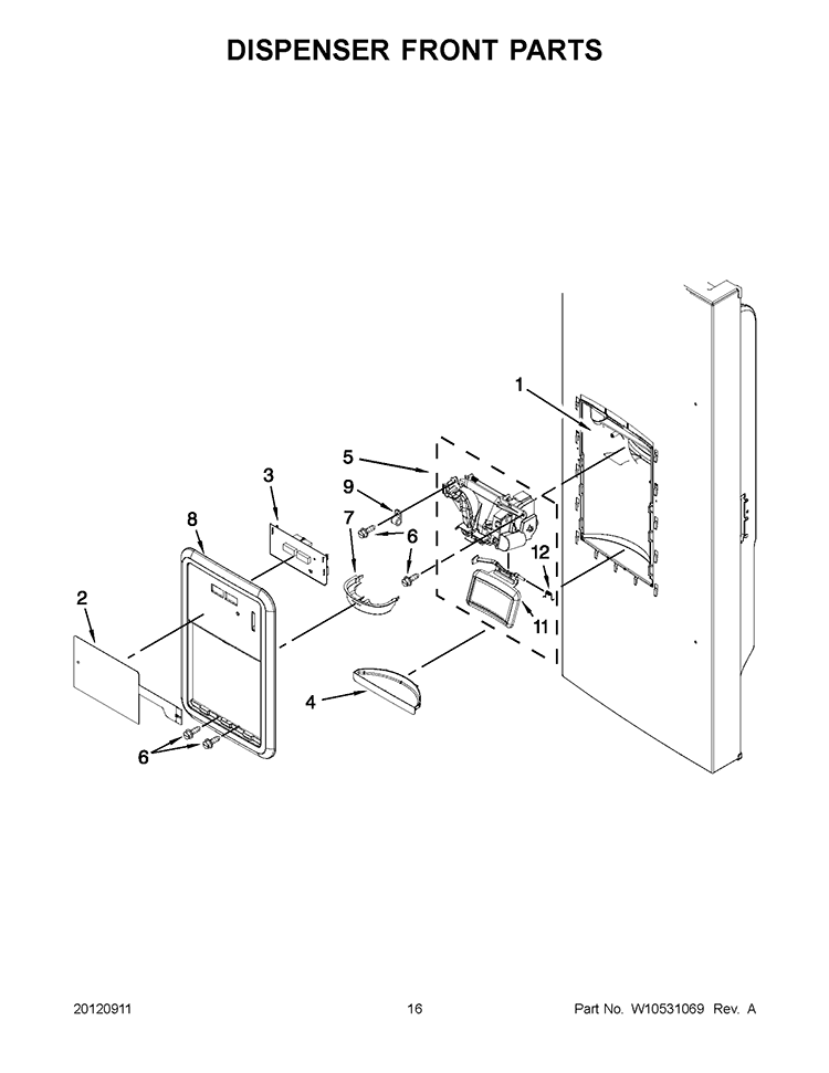 DISPENSER FRONT PARTS Diagram and Parts List for GI0FSAXVB08  Whirlpool Refrigerator