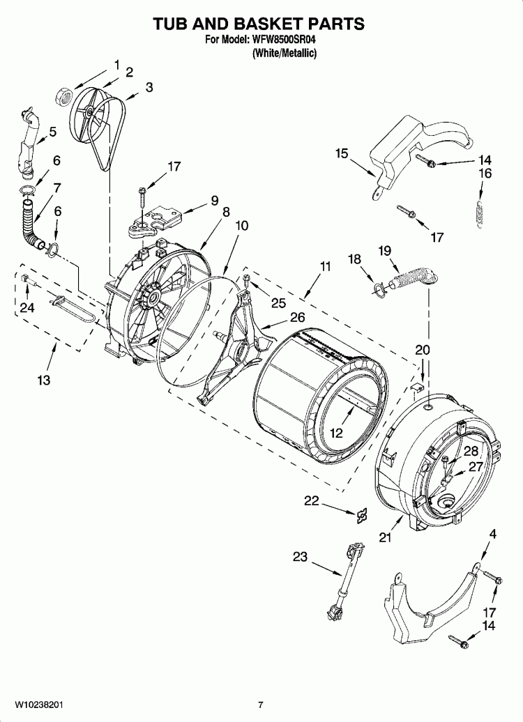 TUB AND BASKET PARTS, OPTIONAL PARTS (NOT INCLUDED) Diagram and Parts List for WFW8500SR04  Whirlpool Washer