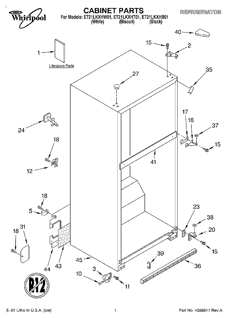 CABINET, LITERATURE Diagram and Parts List for ET21LKXHW01  Whirlpool Refrigerator