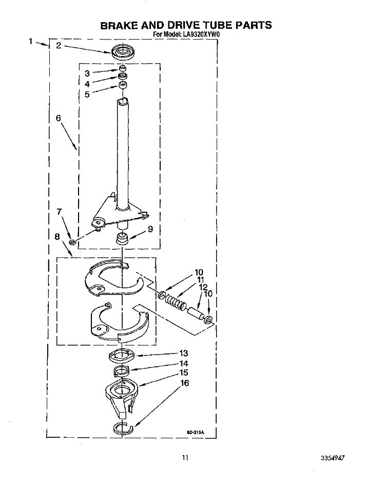 BRAKE AND DRIVE TUBE Diagram and Parts List for LA9320XYW0  Whirlpool Washer