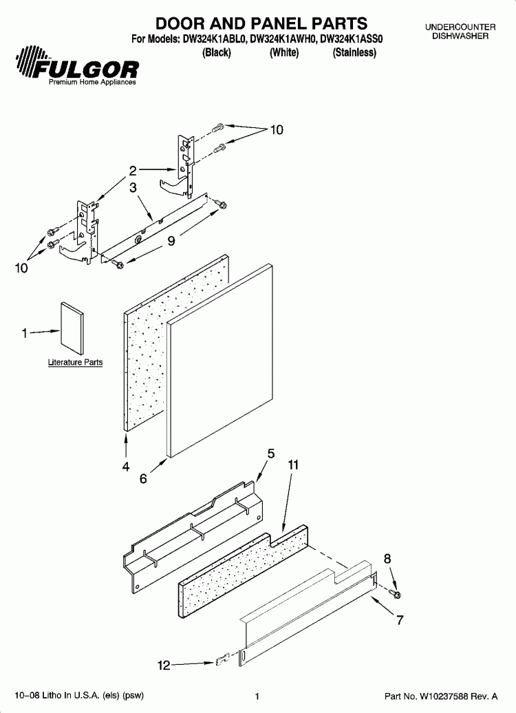 DOOR AND PANEL PARTS Diagram and Parts List for DW324K1ABL0  Whirlpool Dishwasher