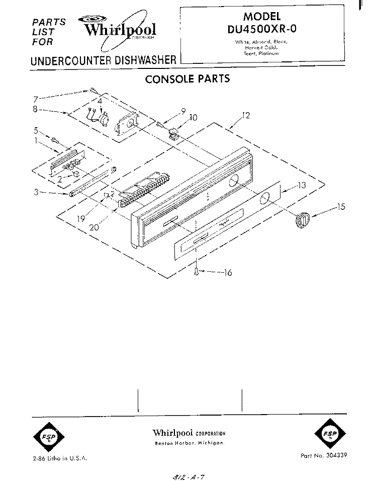 CONSOLE Diagram and Parts List for DU4500XR0  Whirlpool Dishwasher