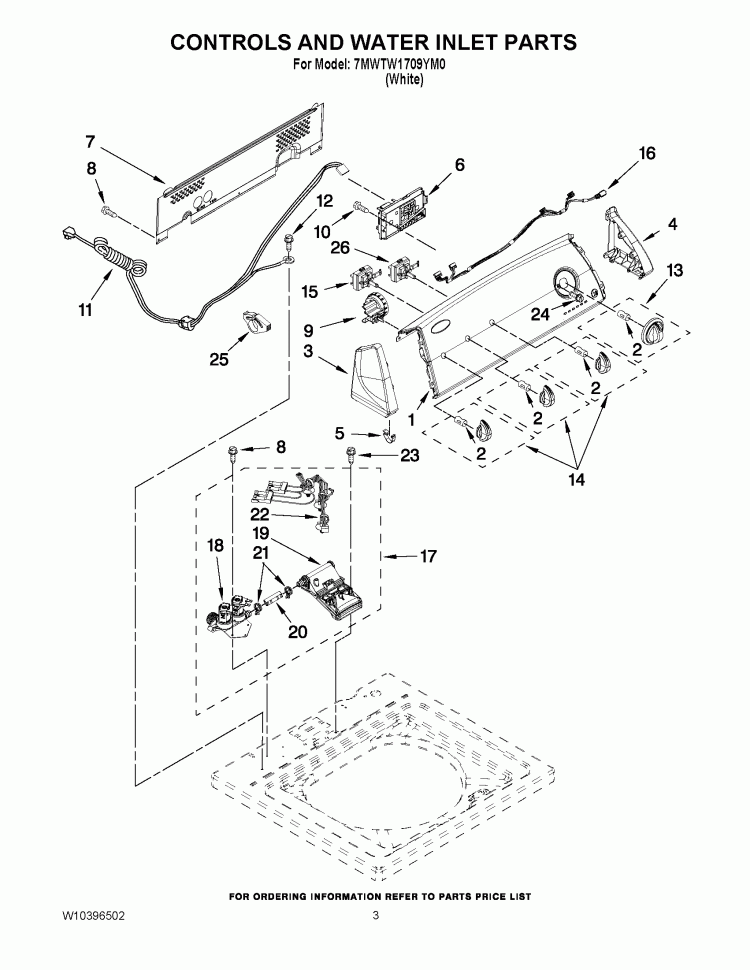 CONTROLS AND WATER INLET PARTS Diagram and Parts List for 7MWTW1709YM0  Whirlpool Washer