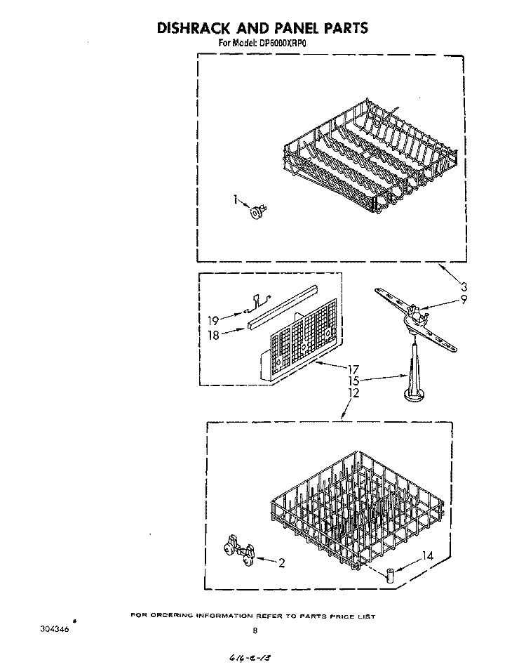 DISHRACK AND PANEL Diagram and Parts List for DP6000XRP0  Whirlpool Dishwasher