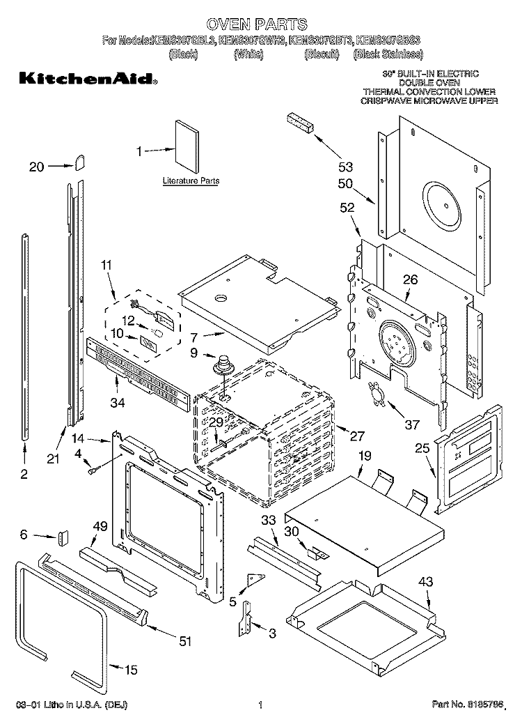 OVEN, LITERATURE Diagram and Parts List for KEMS307GWH3  KitchenAid Microwave Oven Combo