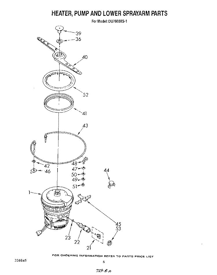 HEATER, PUMP AND LOWER SPRAY ARM Diagram and Parts List for DU7600XS1  Whirlpool Dishwasher