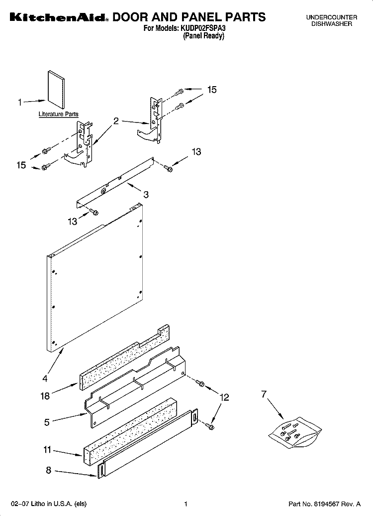 DOOR AND PANEL PARTS Diagram and Parts List for KUDP02FSPA3  KitchenAid Dishwasher