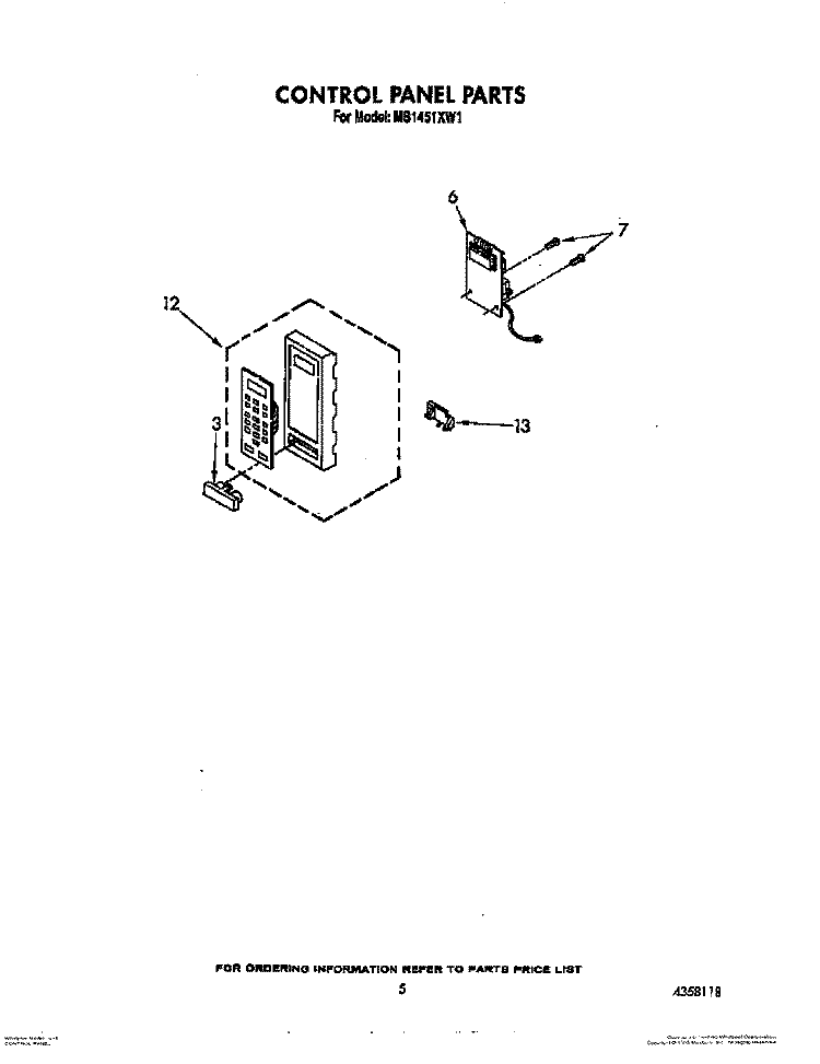 CONTROL PANEL Diagram and Parts List for MS1451XW1  Whirlpool Microwave
