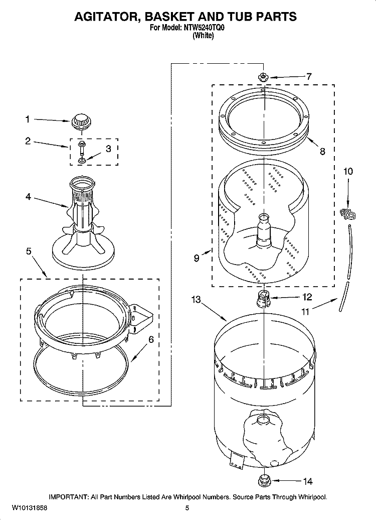 AGITATOR, BASKET AND TUB PARTS Diagram and Parts List for NTW5240TQ0  Whirlpool Washer