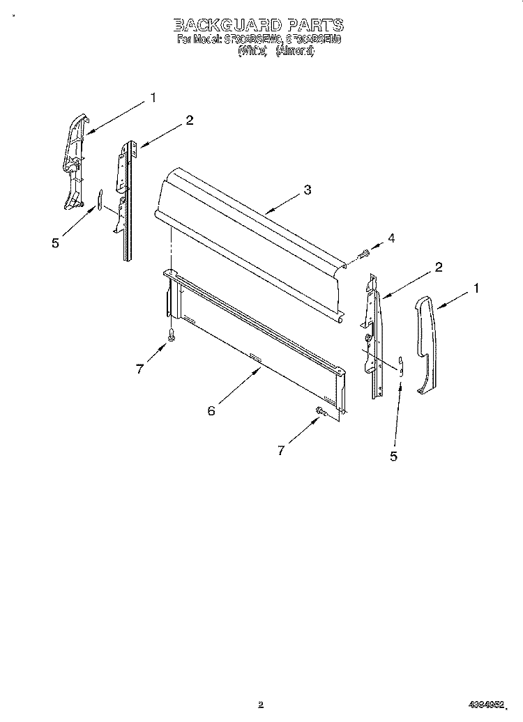 BACKGUARD Diagram and Parts List for SF302BSEW0  Whirlpool Range