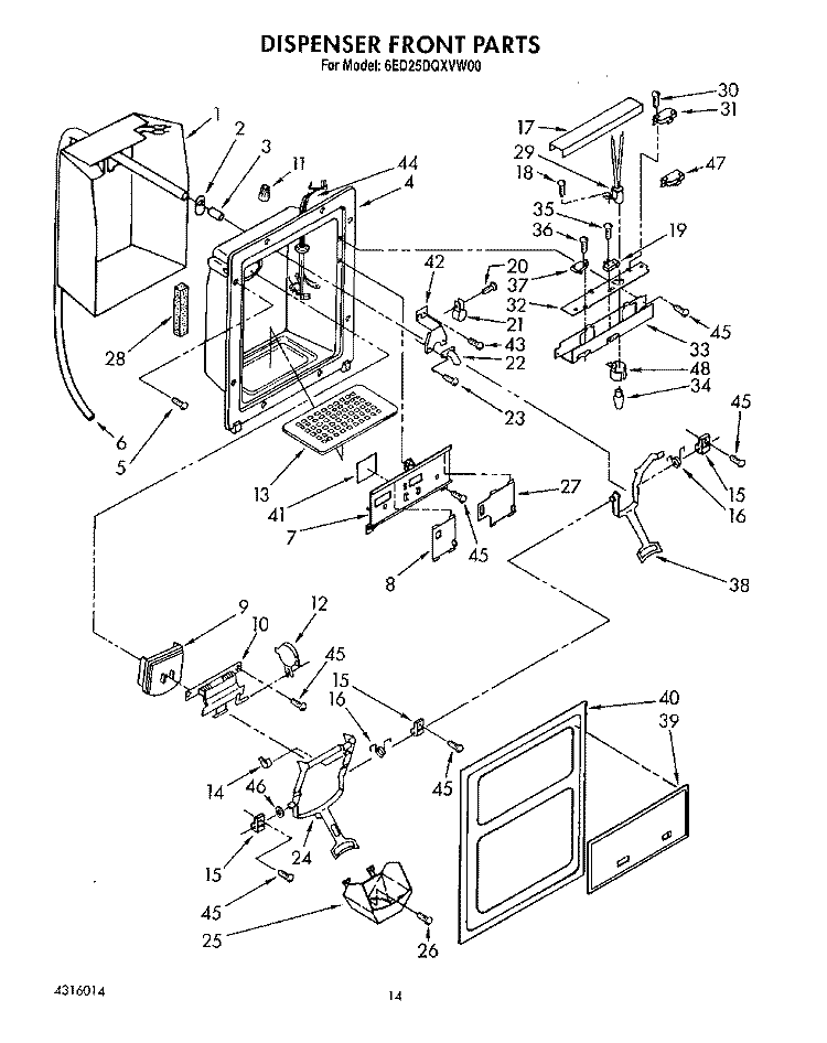 DISPENSER FRONT Diagram and Parts List for 6ED25DQXVW00  Whirlpool Refrigerator