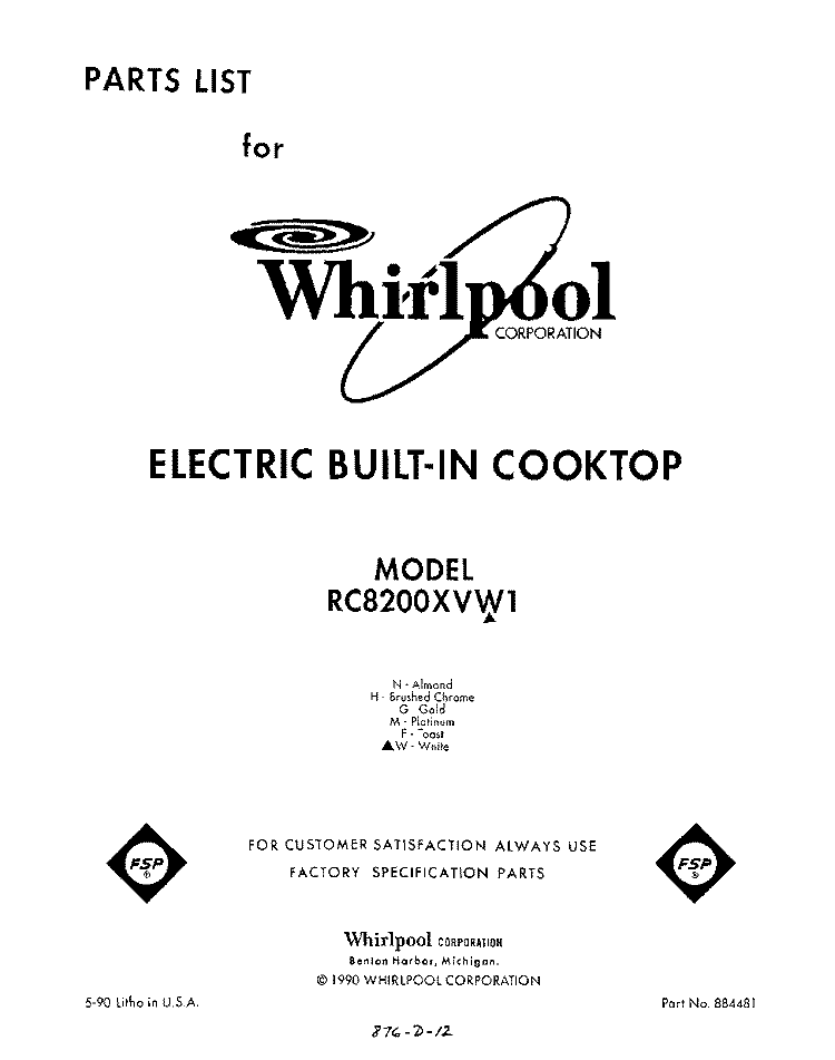 SECTION Diagram and Parts List for RC8200XVM1  Whirlpool Cooktop