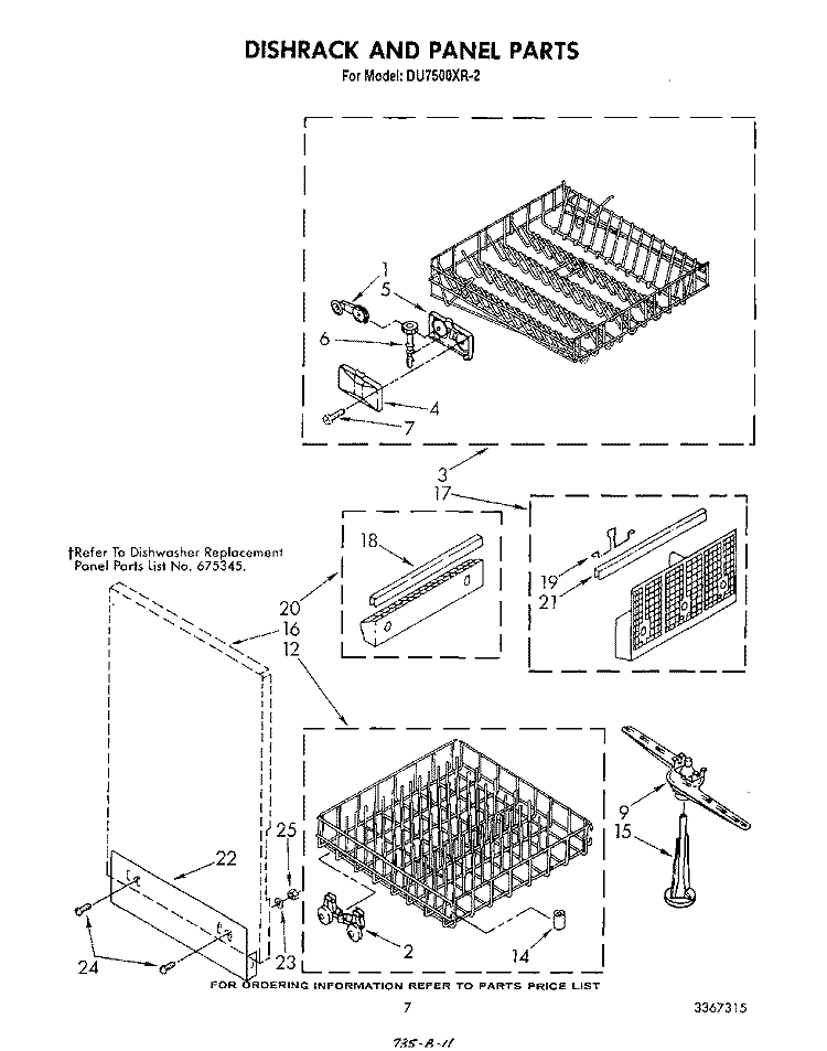 DISHRACK AND PANEL Diagram and Parts List for DU7500XR2  Whirlpool Dishwasher