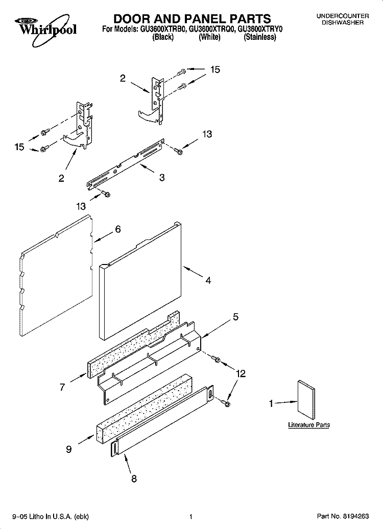 DOOR AND PANEL PARTS Diagram and Parts List for GU3600XTRQ0  Whirlpool Dishwasher