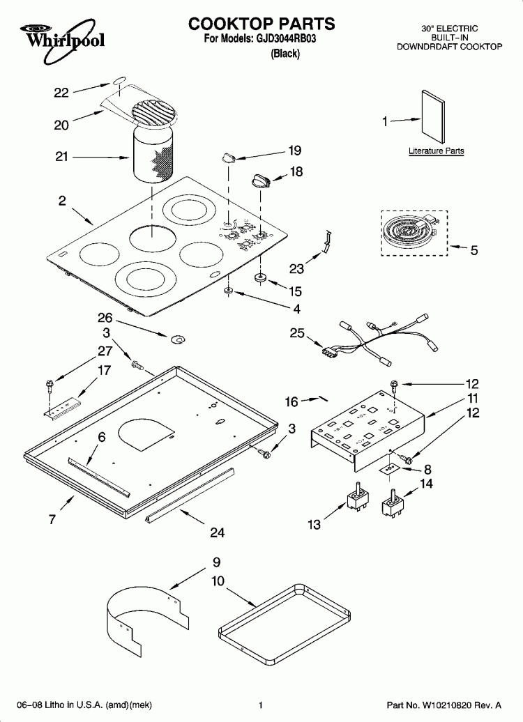 COOKTOP PARTS Diagram and Parts List for GJD3044RB03  Whirlpool Cooktop