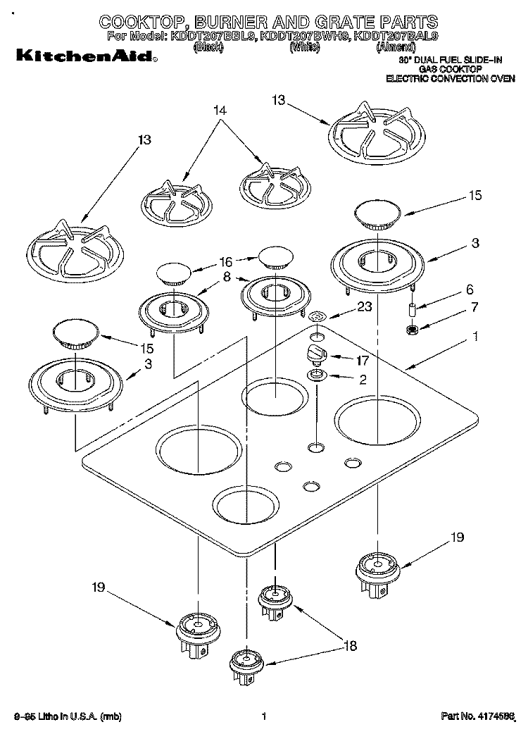COOKTOP, BURNER AND GRATE Diagram and Parts List for KDDT207BAL9  KitchenAid Range