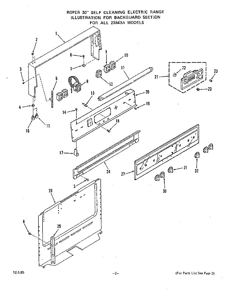 BACKGUARD Diagram and Parts List for 2384W3A  Roper Range