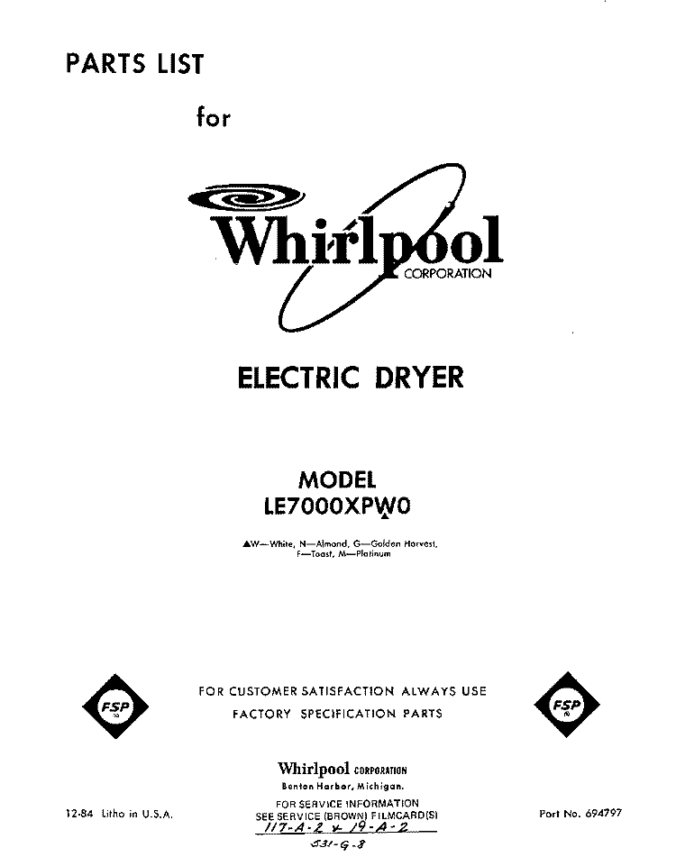 SECTION Diagram and Parts List for LE7000XPW0  Whirlpool Dryer