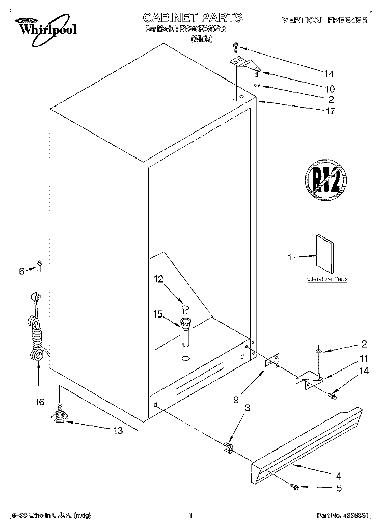CABINET, LITERATURE Diagram and Parts List for EV200FXGW02  Whirlpool Freezer