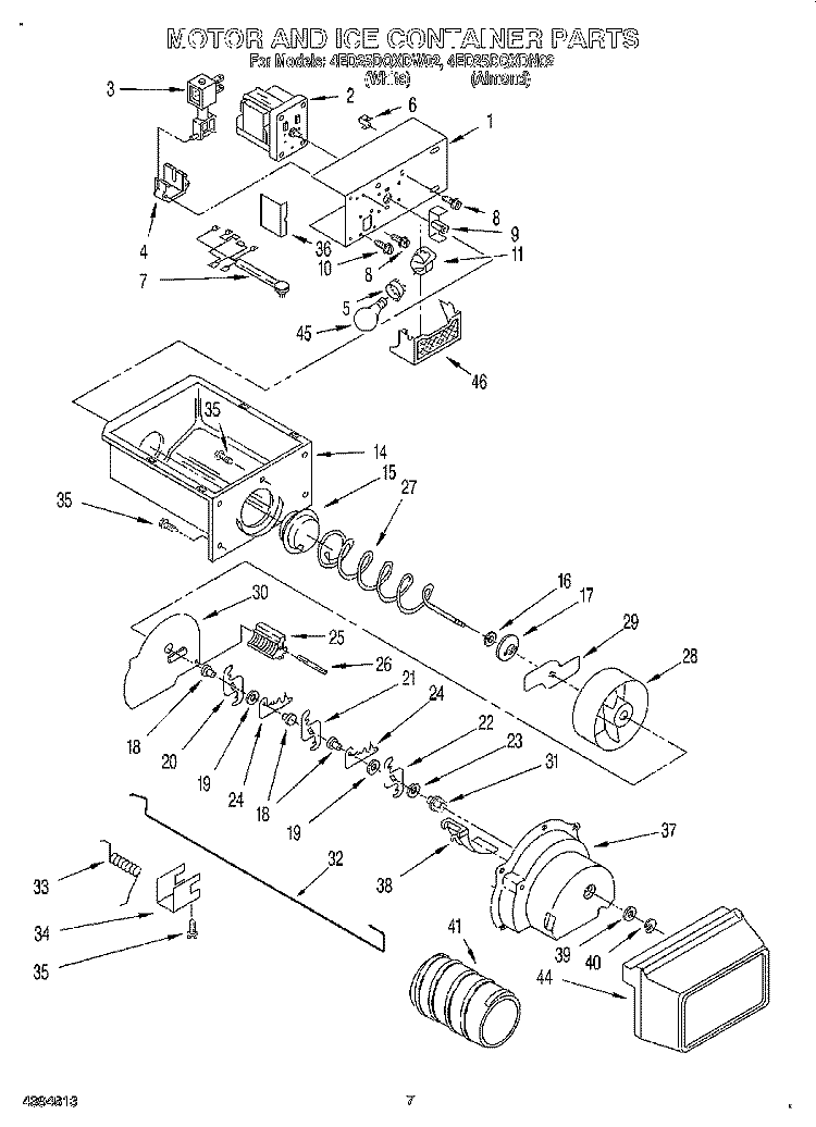 MOTOR AND ICE CONTAINER Diagram and Parts List for 4ED25DQXDW02  Whirlpool Refrigerator