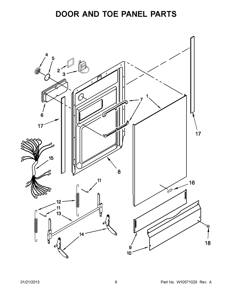 DOOR AND TOE PANEL PARTS Diagram and Parts List for WDF518SAAW0  Whirlpool Dishwasher